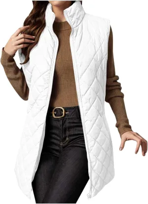 Long Puffer Vest Women Lightweight Quilted Sleeveless Stand Collar Zip Up Puffy Jacket with Pockets Winter Outerwear