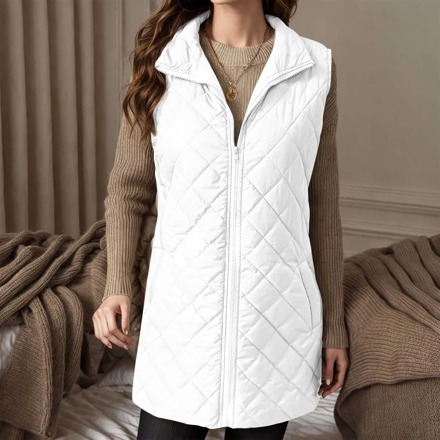 Long Puffer Vest Women Lightweight Quilted Sleeveless Stand Collar Zip Up Puffy Jacket with Pockets Winter Outerwear