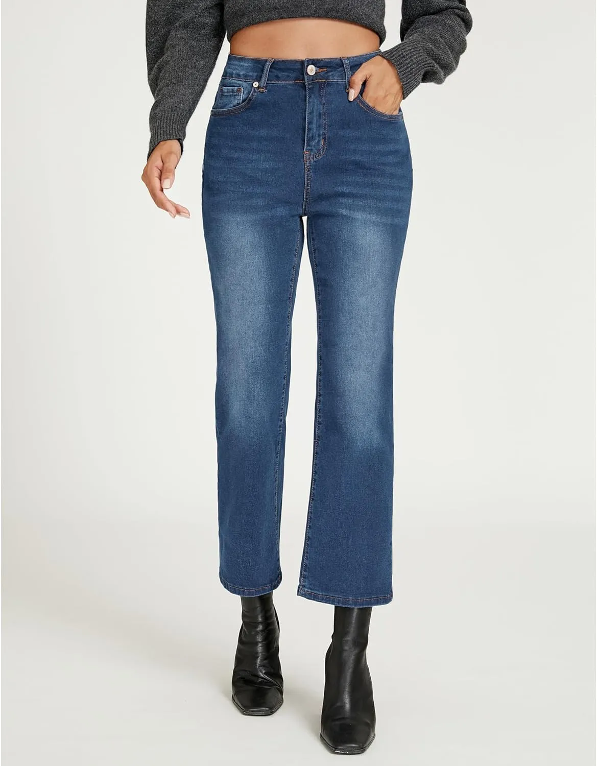 LookbookStore Cropped Jeans for Women High Waisted 90s Baggy Straight Stretchy Denim Pants Trendy Jeans with Pockets