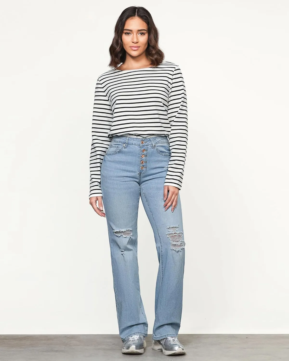 LookbookStore High Waisted Ripped Flare Jeans for Women Distressed Bell Bottom Jeans Wide Leg Pants
