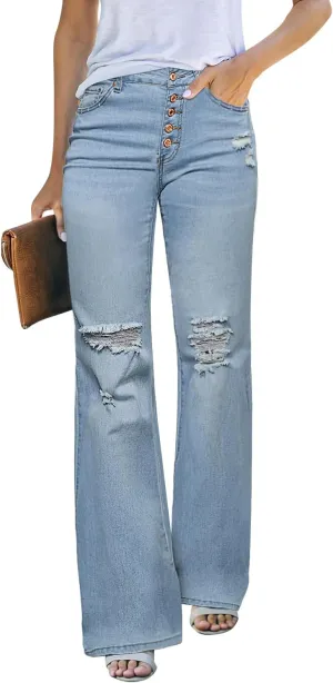 LookbookStore High Waisted Ripped Flare Jeans for Women Distressed Bell Bottom Jeans Wide Leg Pants