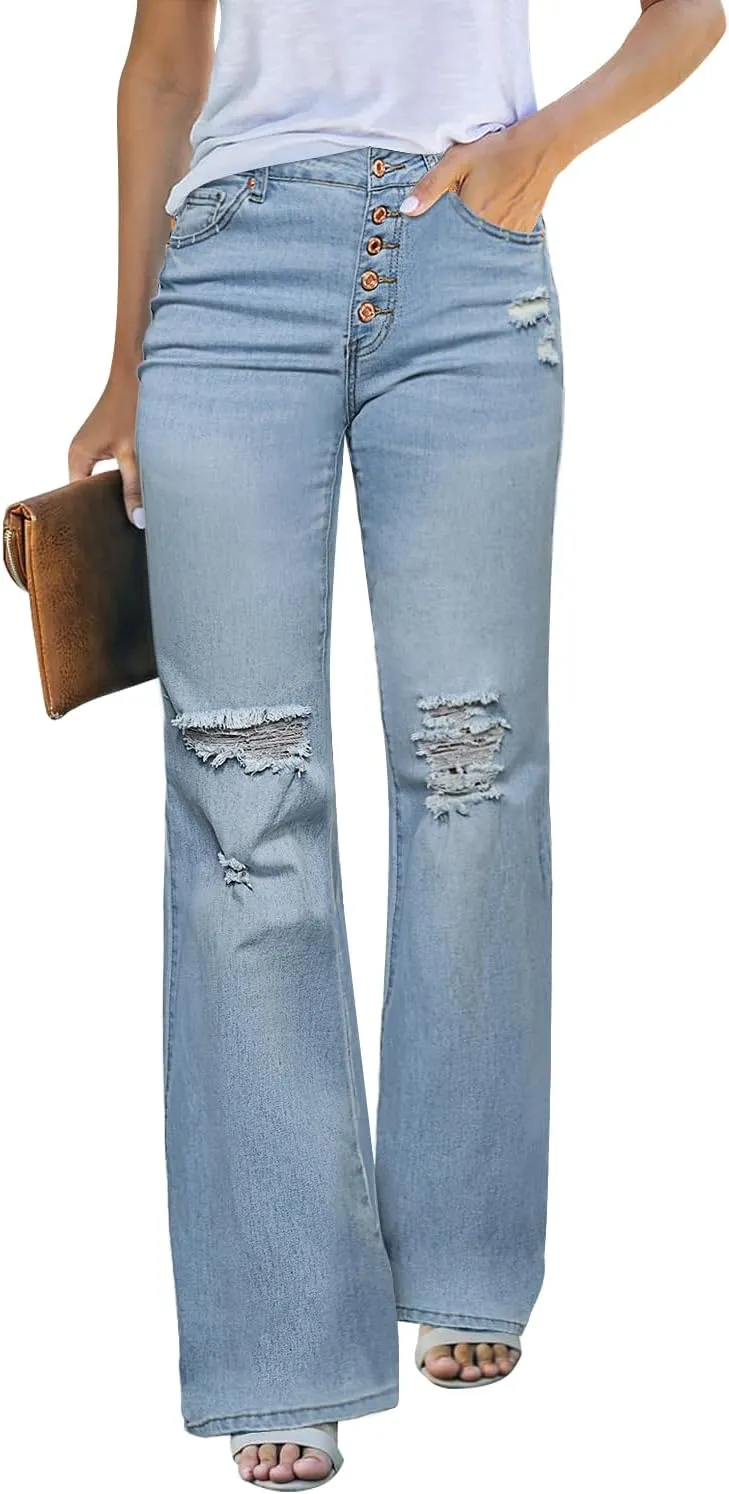LookbookStore High Waisted Ripped Flare Jeans for Women Distressed Bell Bottom Jeans Wide Leg Pants