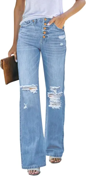 LookbookStore High Waisted Ripped Flare Jeans for Women Distressed Bell Bottom Jeans Wide Leg Pants