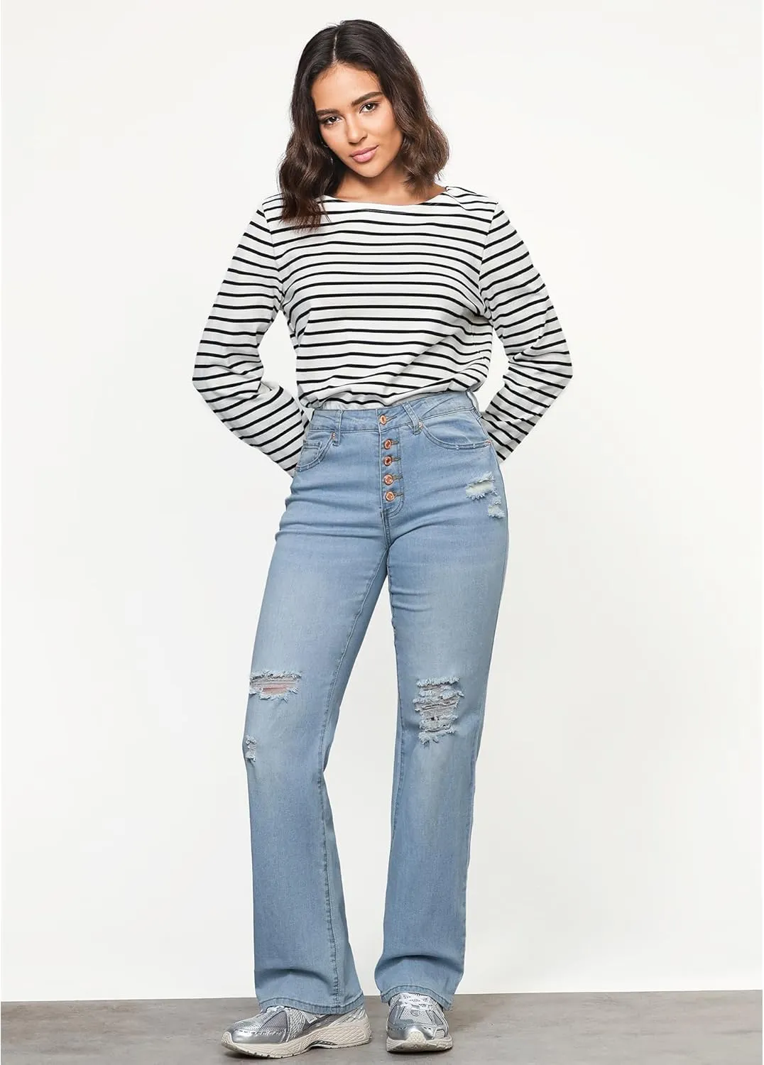 LookbookStore High Waisted Ripped Flare Jeans for Women Distressed Bell Bottom Jeans Wide Leg Pants