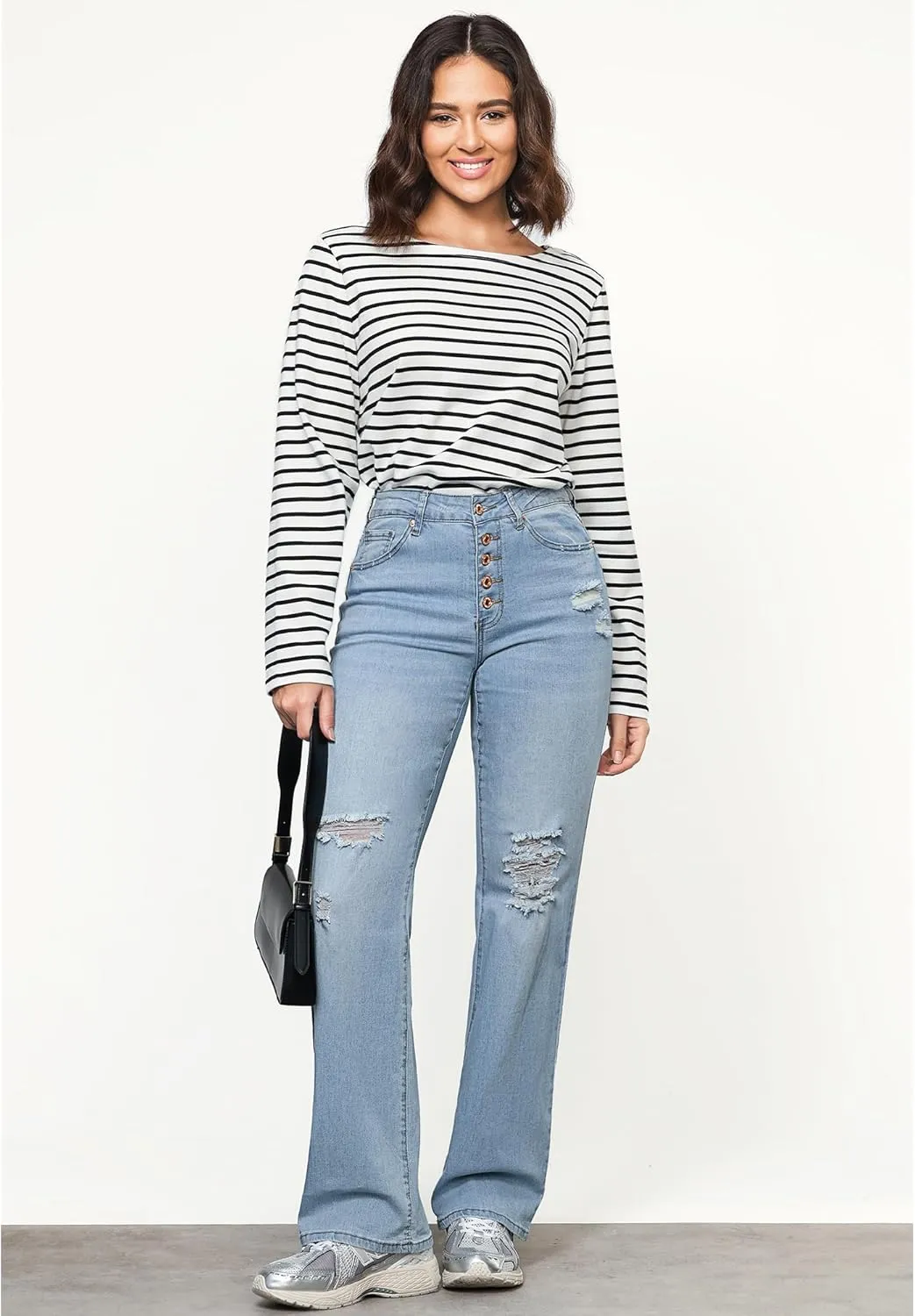 LookbookStore High Waisted Ripped Flare Jeans for Women Distressed Bell Bottom Jeans Wide Leg Pants