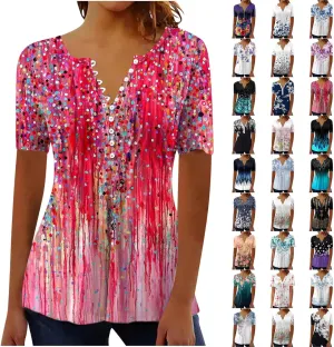 LRMQS Short Sleeve Summer Tops for Women 2024 Vacation Trendy Loose Fit Boho V Neck Tunic Blouse Casual Floral Shirt Clothing