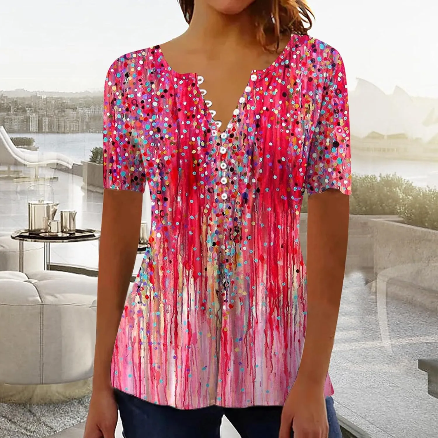 LRMQS Short Sleeve Summer Tops for Women 2024 Vacation Trendy Loose Fit Boho V Neck Tunic Blouse Casual Floral Shirt Clothing