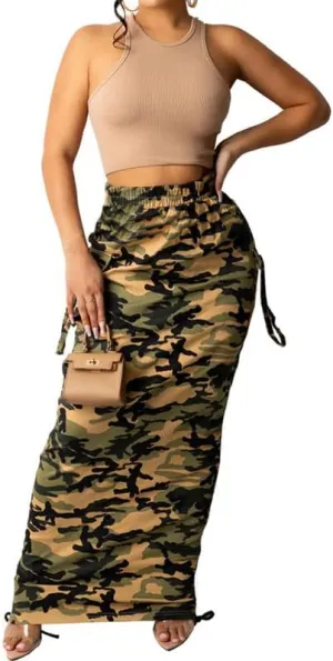 LROSEY Women's Camo Midi Skirt Dress Side String Ruffle Bodycon Skirts