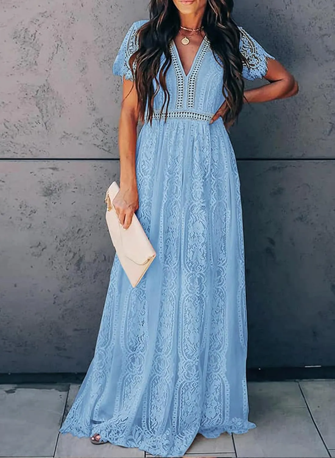 Melliflo Womens Lace Patchwork Hollowed Out Short Sleeved V Neck Long Skirt 2024 New Casual Summer Dress