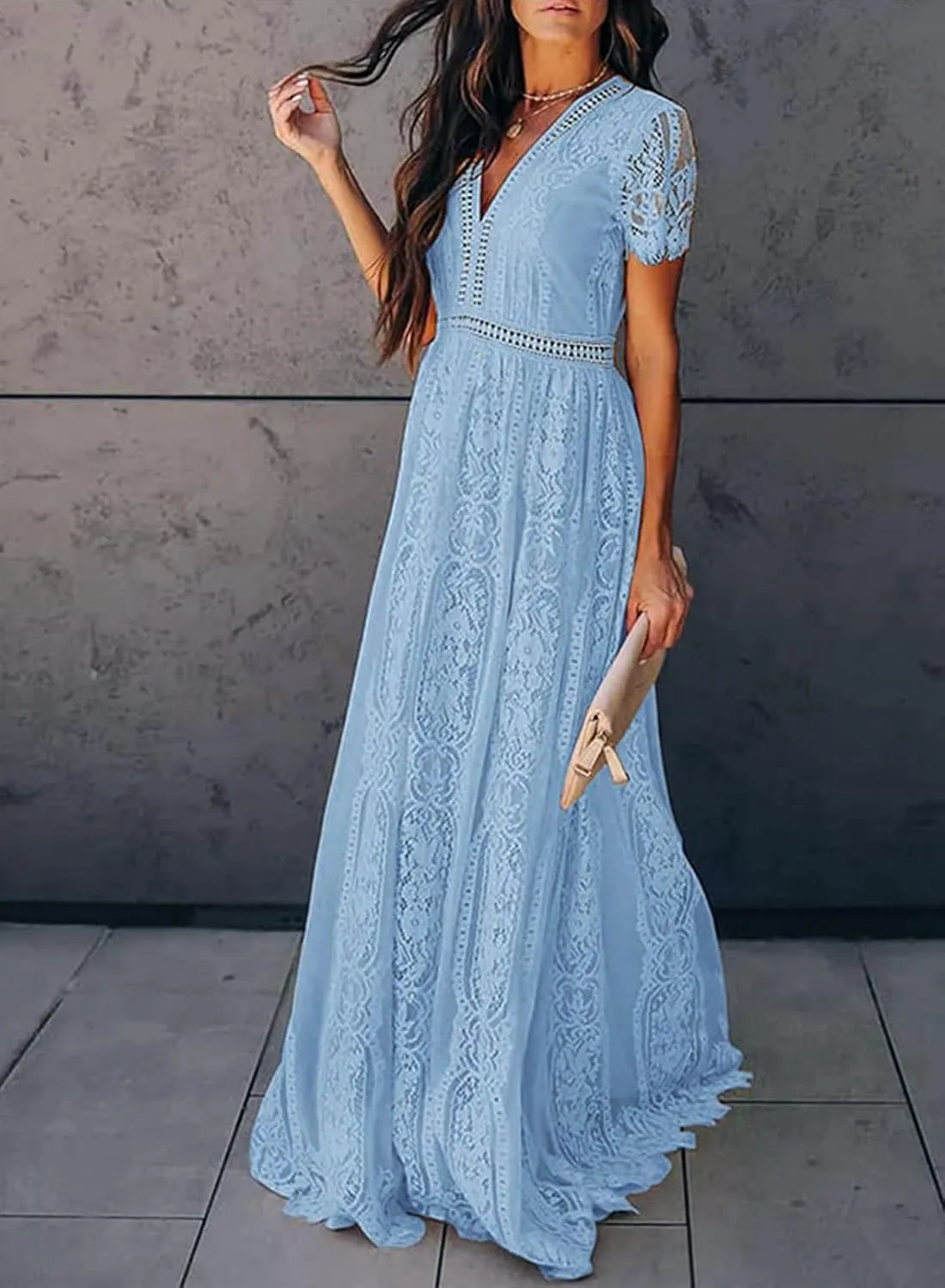 Melliflo Womens Lace Patchwork Hollowed Out Short Sleeved V Neck Long Skirt 2024 New Casual Summer Dress