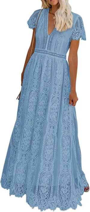 Melliflo Womens Lace Patchwork Hollowed Out Short Sleeved V Neck Long Skirt 2024 New Casual Summer Dress