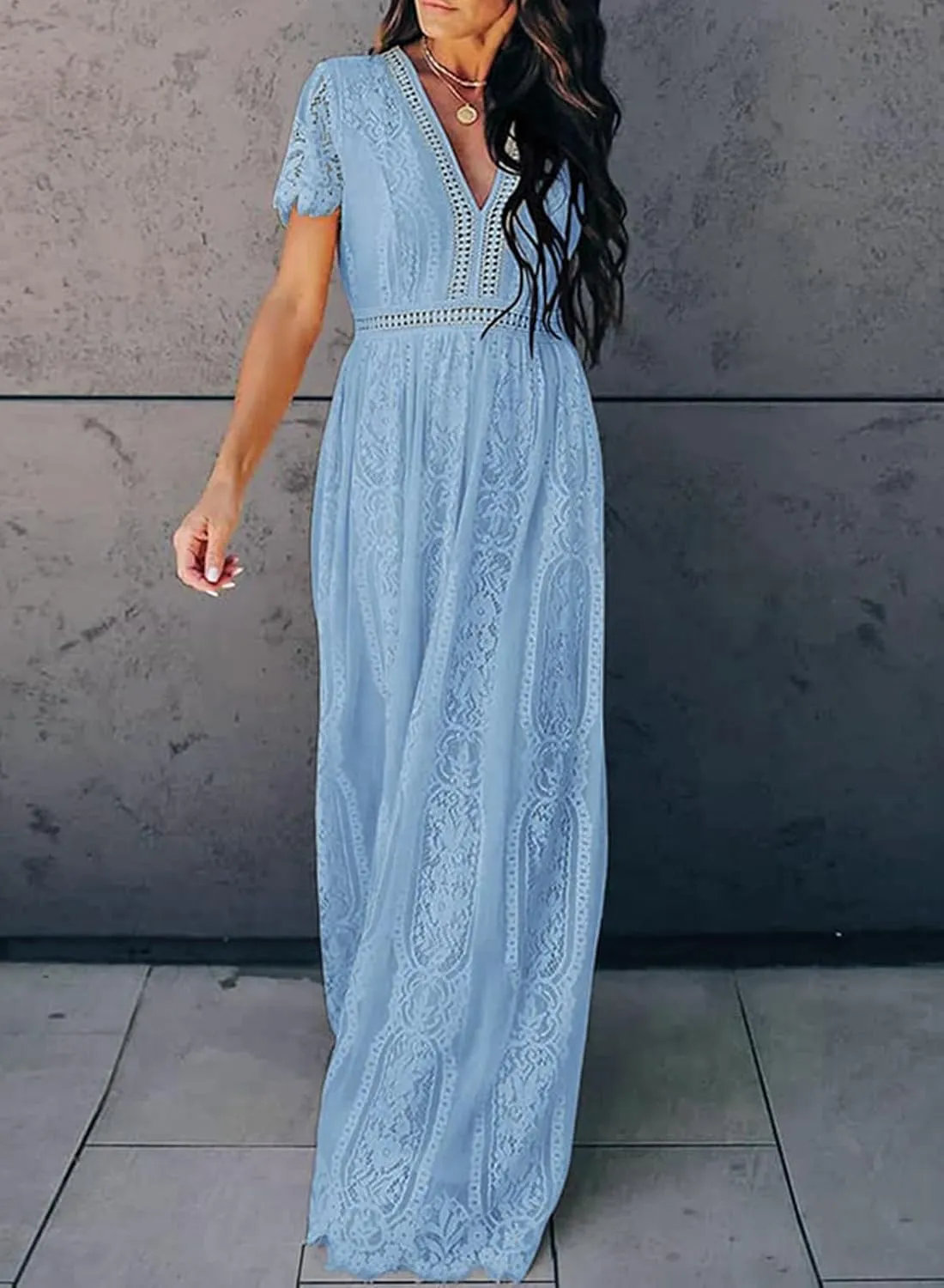 Melliflo Womens Lace Patchwork Hollowed Out Short Sleeved V Neck Long Skirt 2024 New Casual Summer Dress