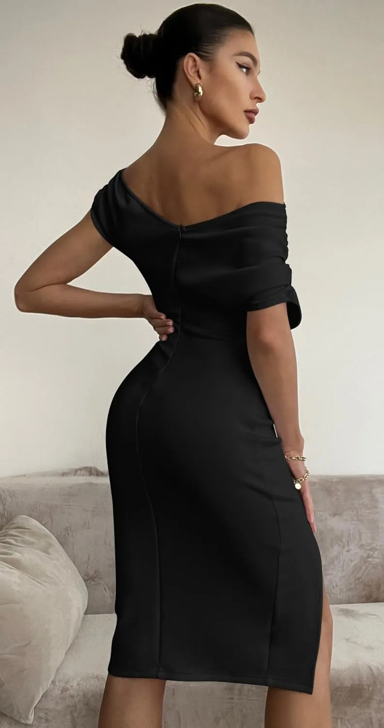 Memoriesea Women's Elegant Off Shoulder Split Hem Bodycon Ruched Midi Club Party Dress