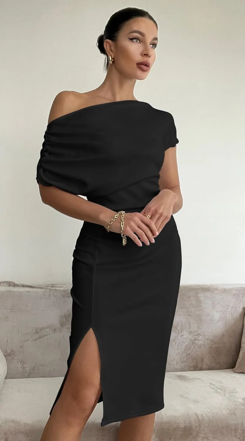 Memoriesea Women's Elegant Off Shoulder Split Hem Bodycon Ruched Midi Club Party Dress