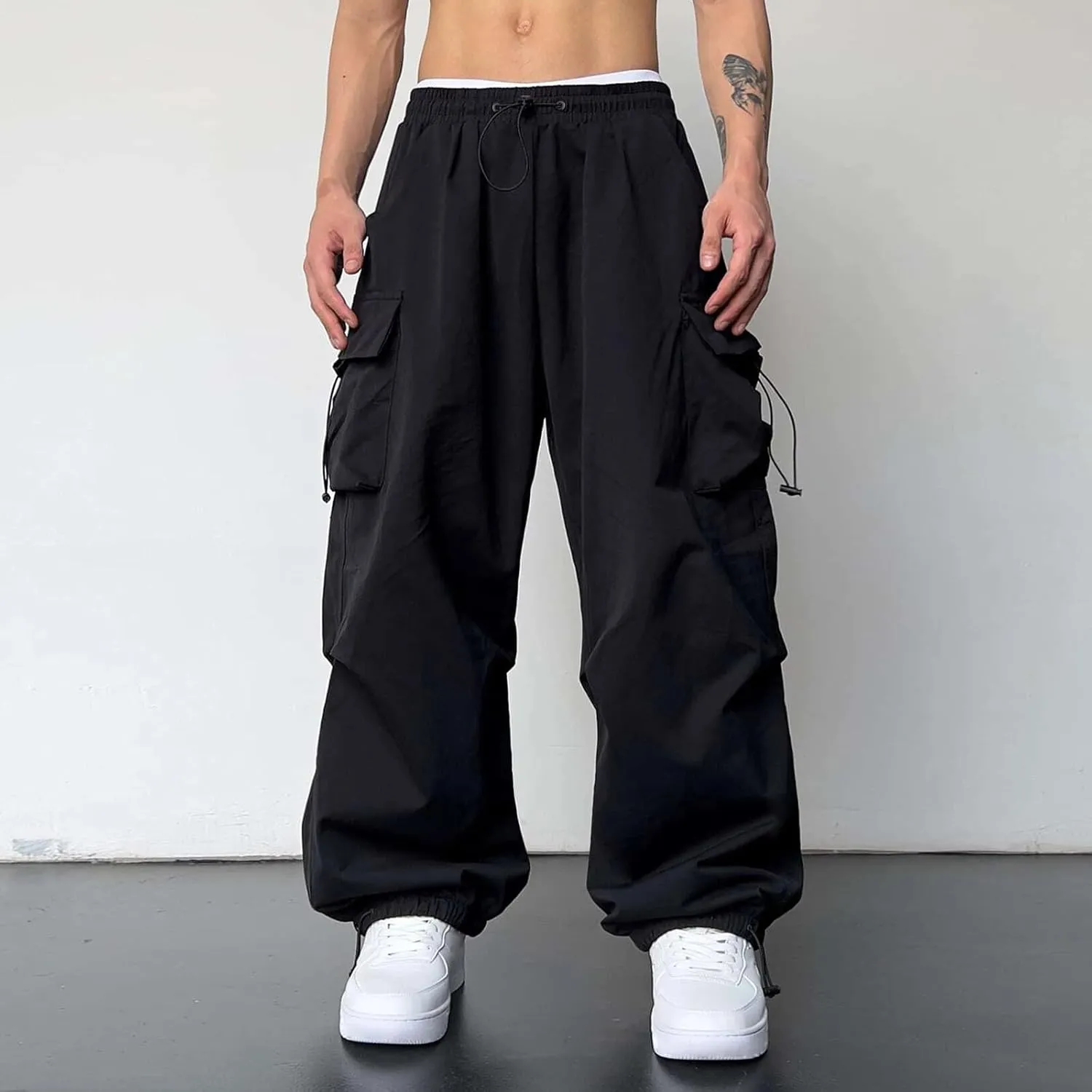Men Cargo Pants Stretch Casual Joggers Elastic Waist Drawstring Combat Work Pants Multi Pockets