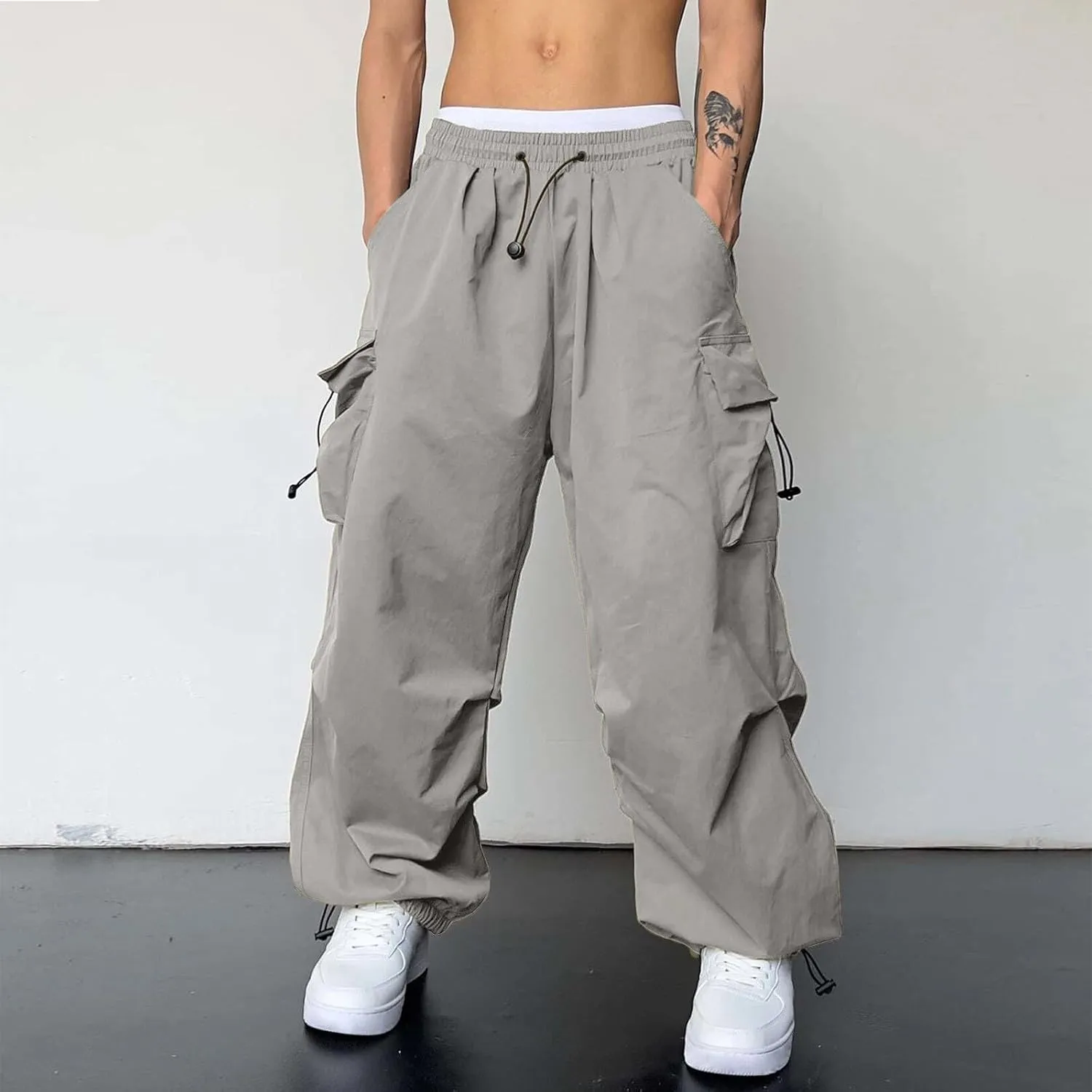 Men Cargo Pants Stretch Casual Joggers Elastic Waist Drawstring Combat Work Pants Multi Pockets