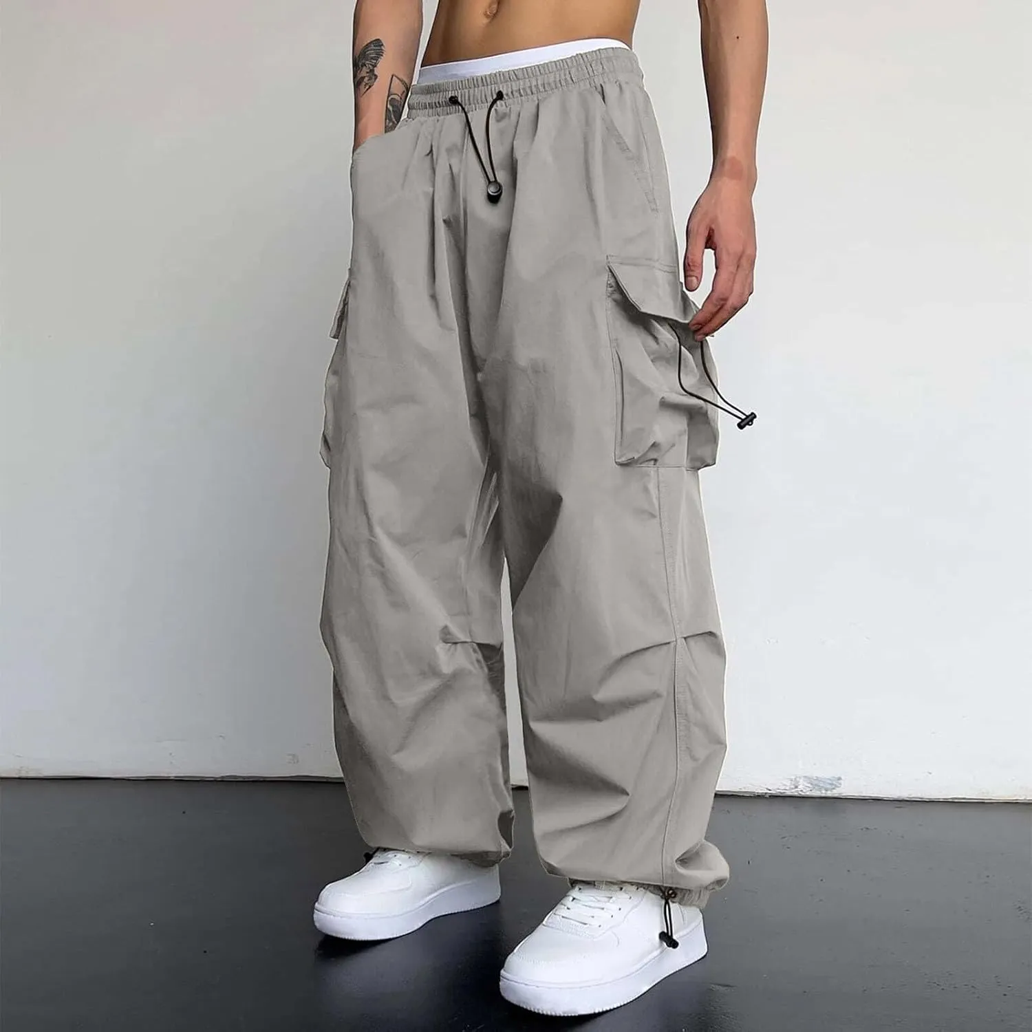 Men Cargo Pants Stretch Casual Joggers Elastic Waist Drawstring Combat Work Pants Multi Pockets