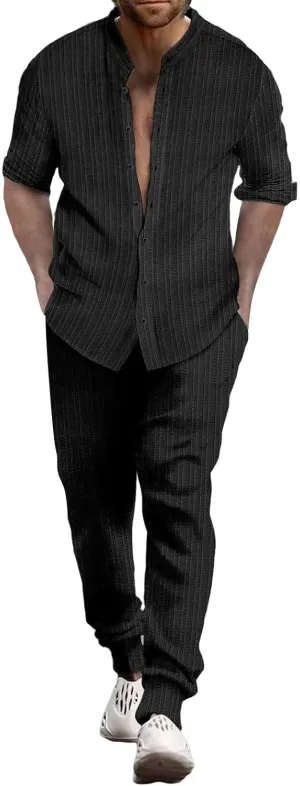 Men Casual Outfits Long Sleeve Button Shirt & Pull On Tapered Trousers Set Spring and Summer Lightweight Solid Versatile Suit