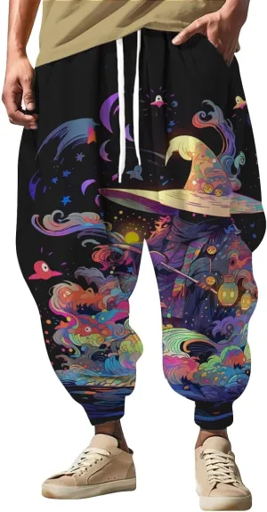Mens All Over Print Hippie Harem Pants Hip Hop Yoga Drop Crotch Trousers Drawstring Baggy Loose Beach Aladdin Pants
