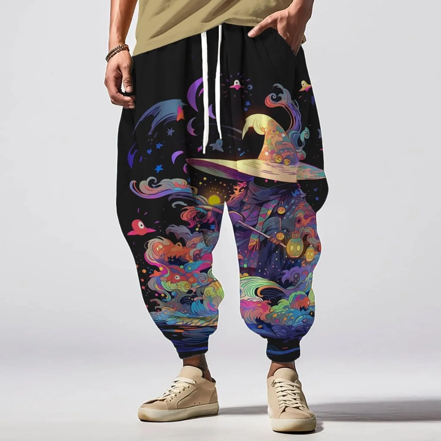 Mens All Over Print Hippie Harem Pants Hip Hop Yoga Drop Crotch Trousers Drawstring Baggy Loose Beach Aladdin Pants