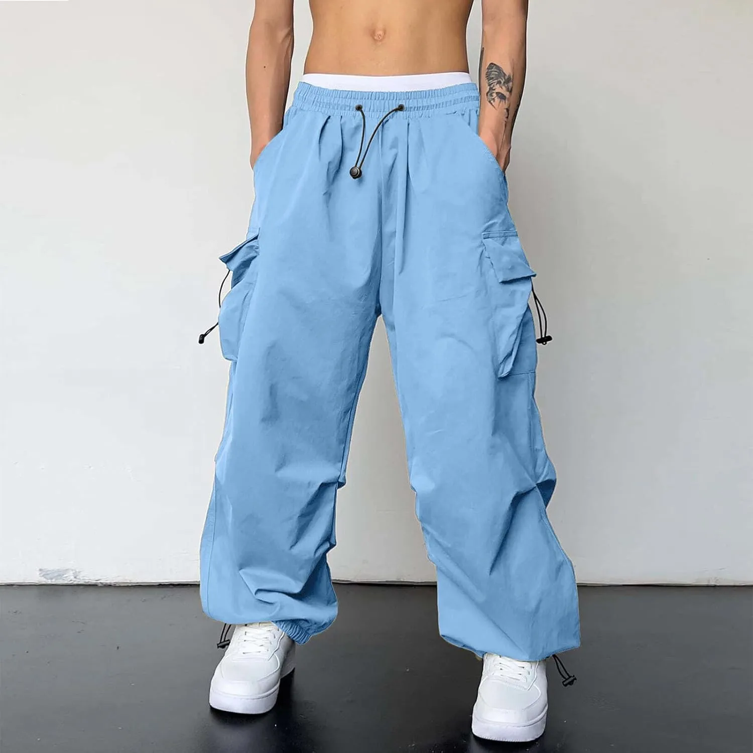 Men's Baggy Cargo Pants Trendy Casual Parachute Pants Cotton Stretch Loose Fit Harem Joggers with Pockets