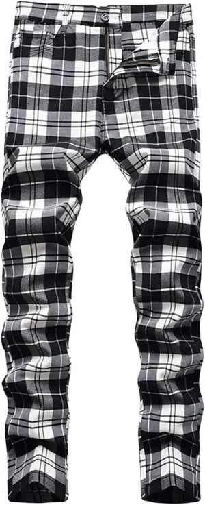 Mens Big and Tall Chino Pants Stretch Skinny Slim Fit Plaid Dress Pants Flat-Front Casual Work Business Golf Pants