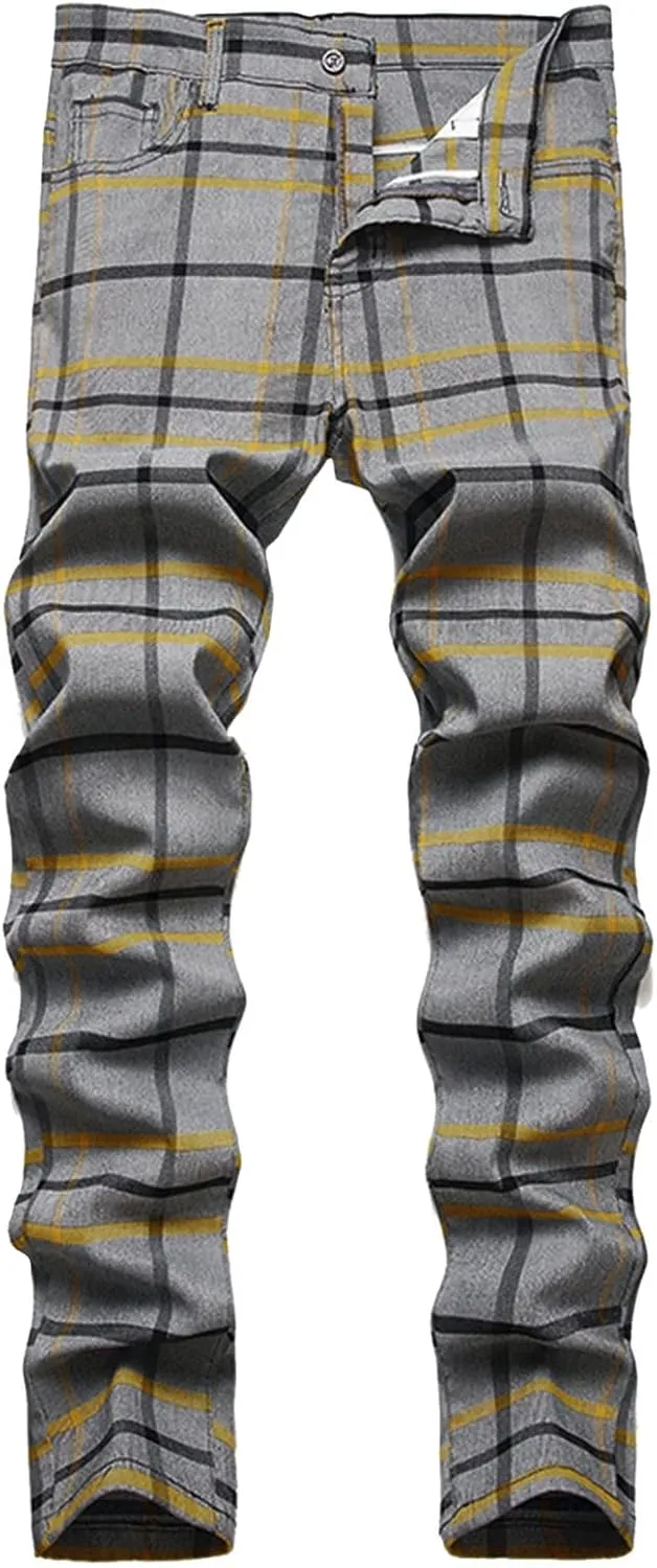 Mens Big and Tall Chino Pants Stretch Skinny Slim Fit Plaid Dress Pants Flat-Front Casual Work Business Golf Pants