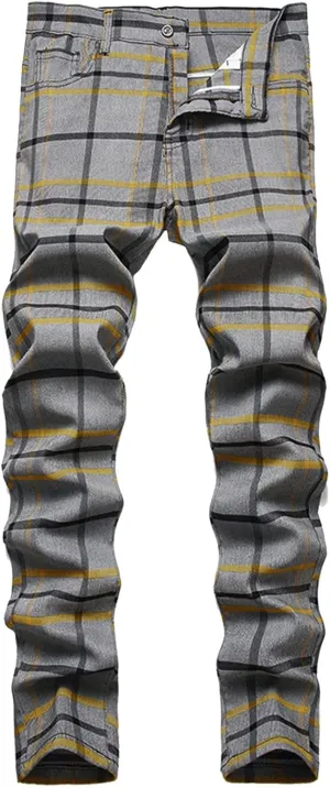 Mens Big and Tall Chino Pants Stretch Skinny Slim Fit Plaid Dress Pants Flat-Front Casual Work Business Golf Pants