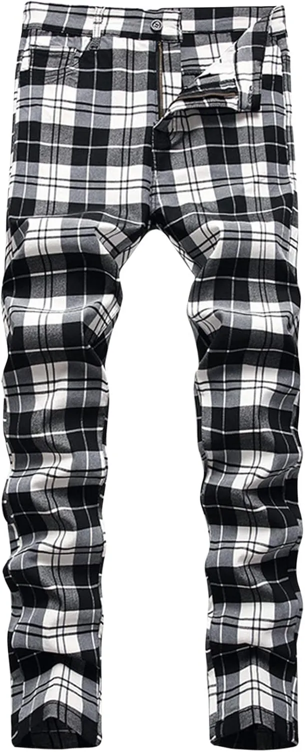 Mens Big and Tall Chino Pants Stretch Skinny Slim Fit Plaid Dress Pants Flat-Front Casual Work Business Golf Pants