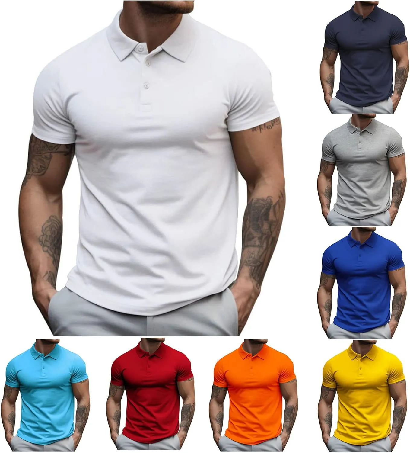 Mens Business T Shirt Solid Color Short Sleeve Lapel Tops Slim Fit Polo Tees Muscle Bodybuilding Sport Workout Shirts