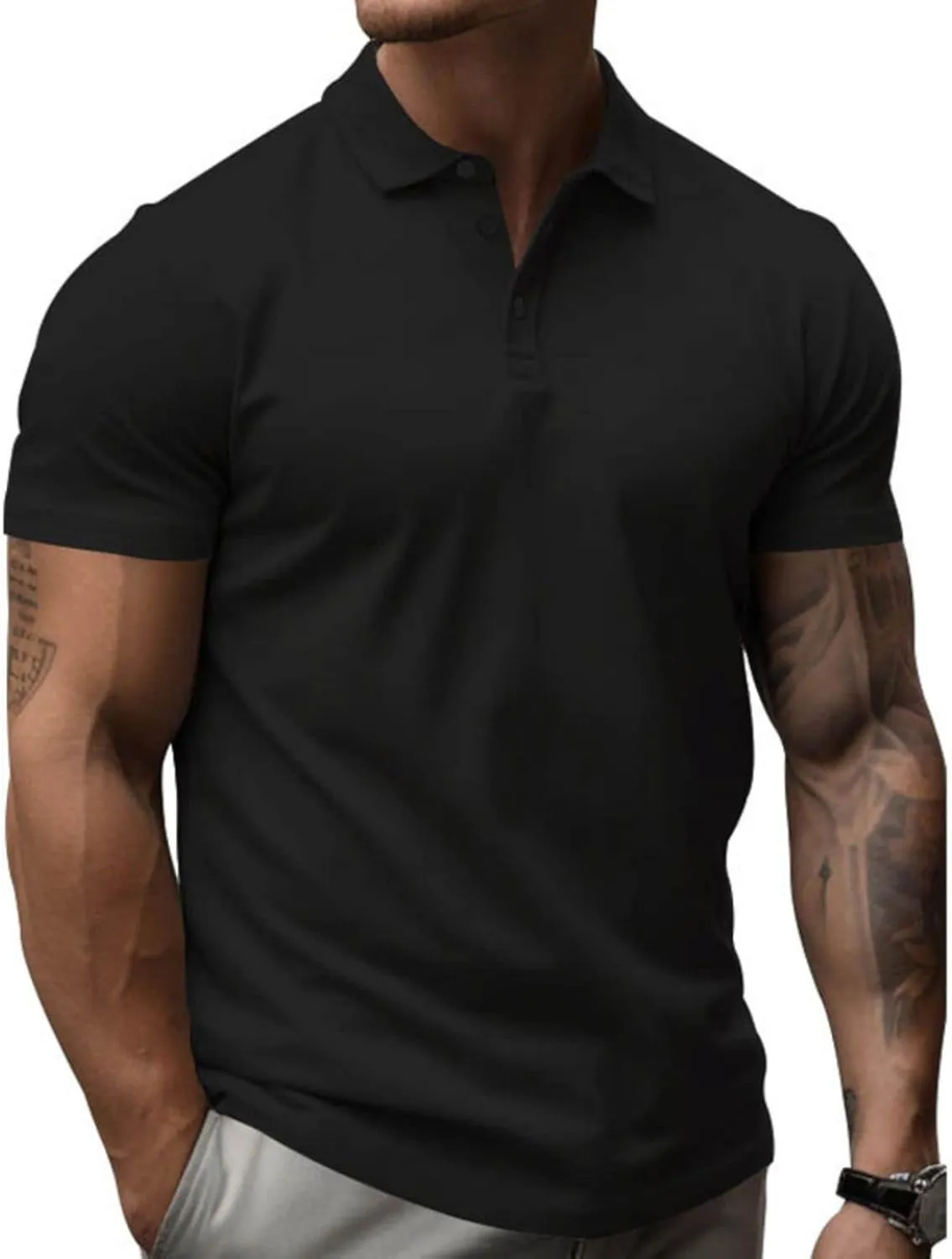 Mens Business T Shirt Solid Color Short Sleeve Lapel Tops Slim Fit Polo Tees Muscle Bodybuilding Sport Workout Shirts