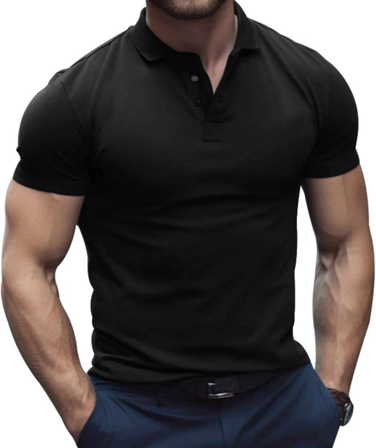Mens Business T Shirt Solid Color Short Sleeve Lapel Tops Slim Fit Polo Tees Muscle Bodybuilding Sport Workout Shirts