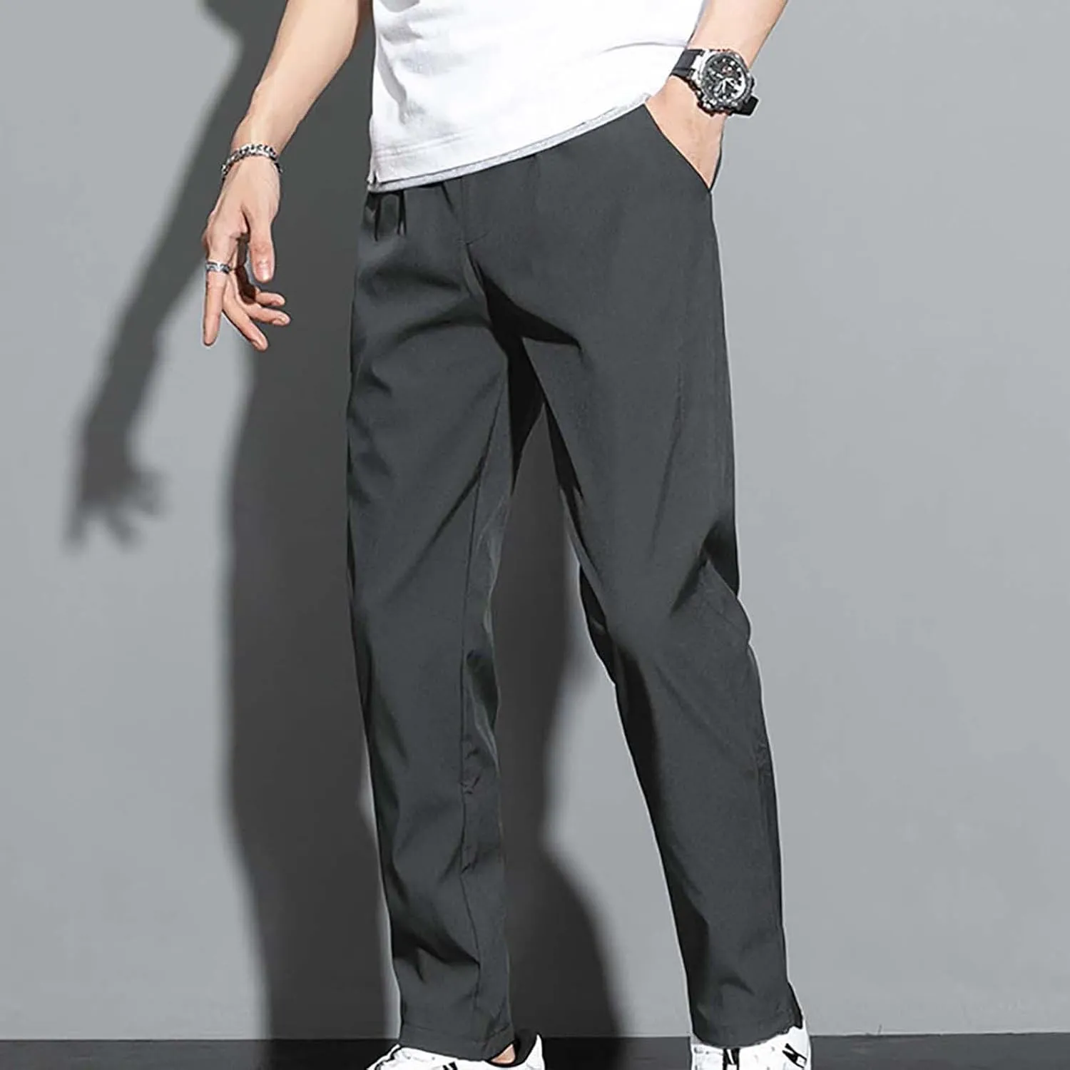 Mens Casual Business Pants Straight Leg Lightweight Breathable Comfort Office Trousers Formal Solid Quick Dry Leisure Pants