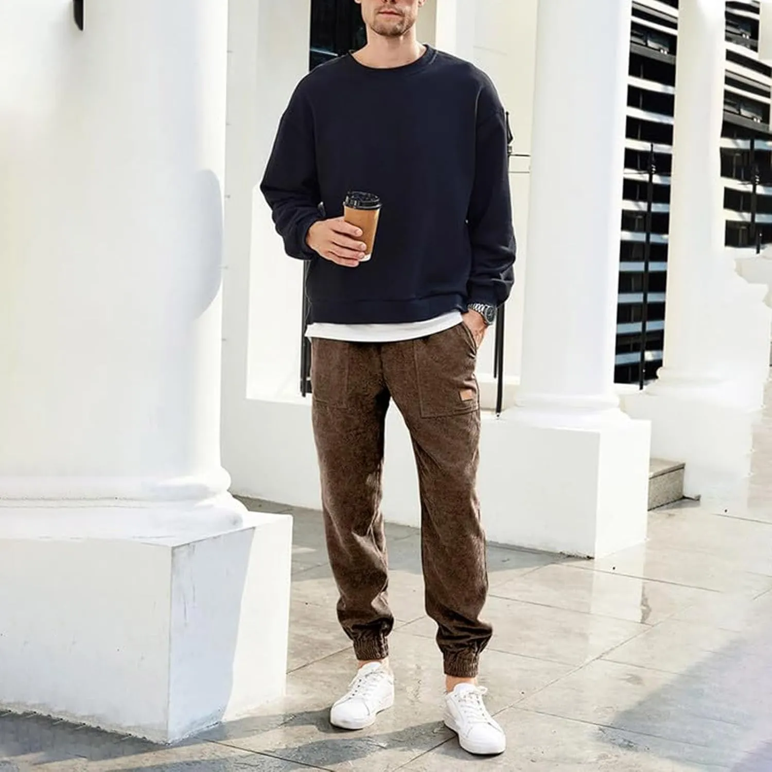 Men's Casual Corduroy Sweatpants Loose Fit Drawstring Elastic Waist Jogger Pants Baggy Sport Cargo Pants with Pockets