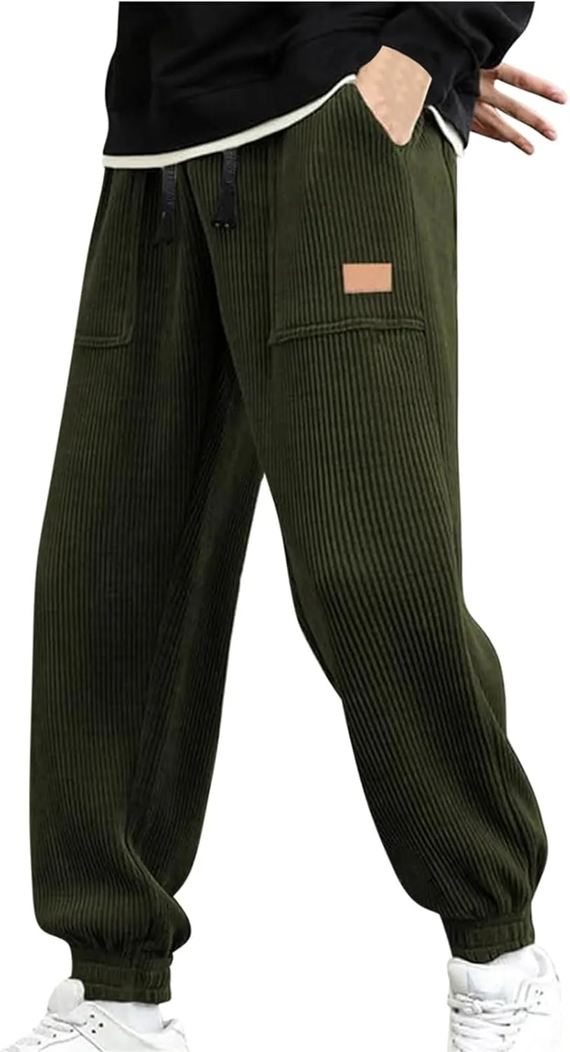 Men's Casual Corduroy Sweatpants Loose Fit Drawstring Elastic Waist Jogger Pants Baggy Sport Cargo Pants with Pockets