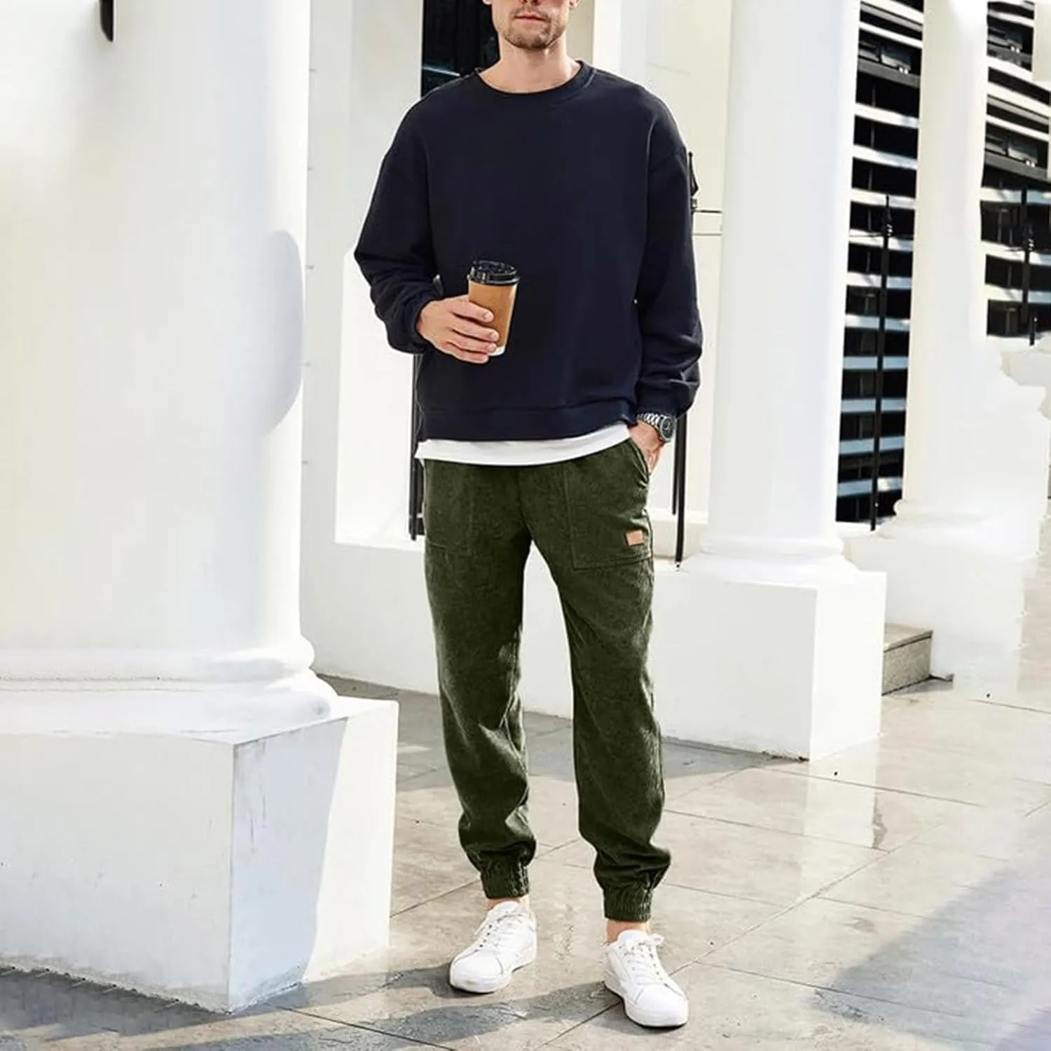 Men's Casual Corduroy Sweatpants Loose Fit Drawstring Elastic Waist Jogger Pants Baggy Sport Cargo Pants with Pockets