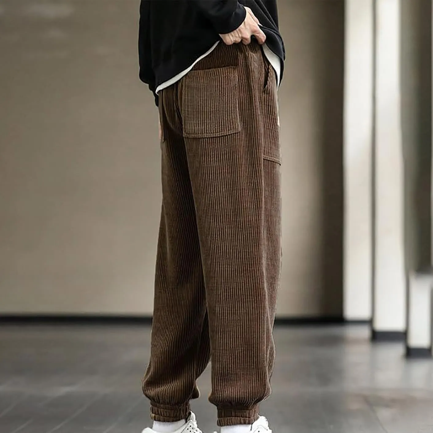 Men's Casual Corduroy Sweatpants Loose Fit Drawstring Elastic Waist Jogger Pants Baggy Sport Cargo Pants with Pockets