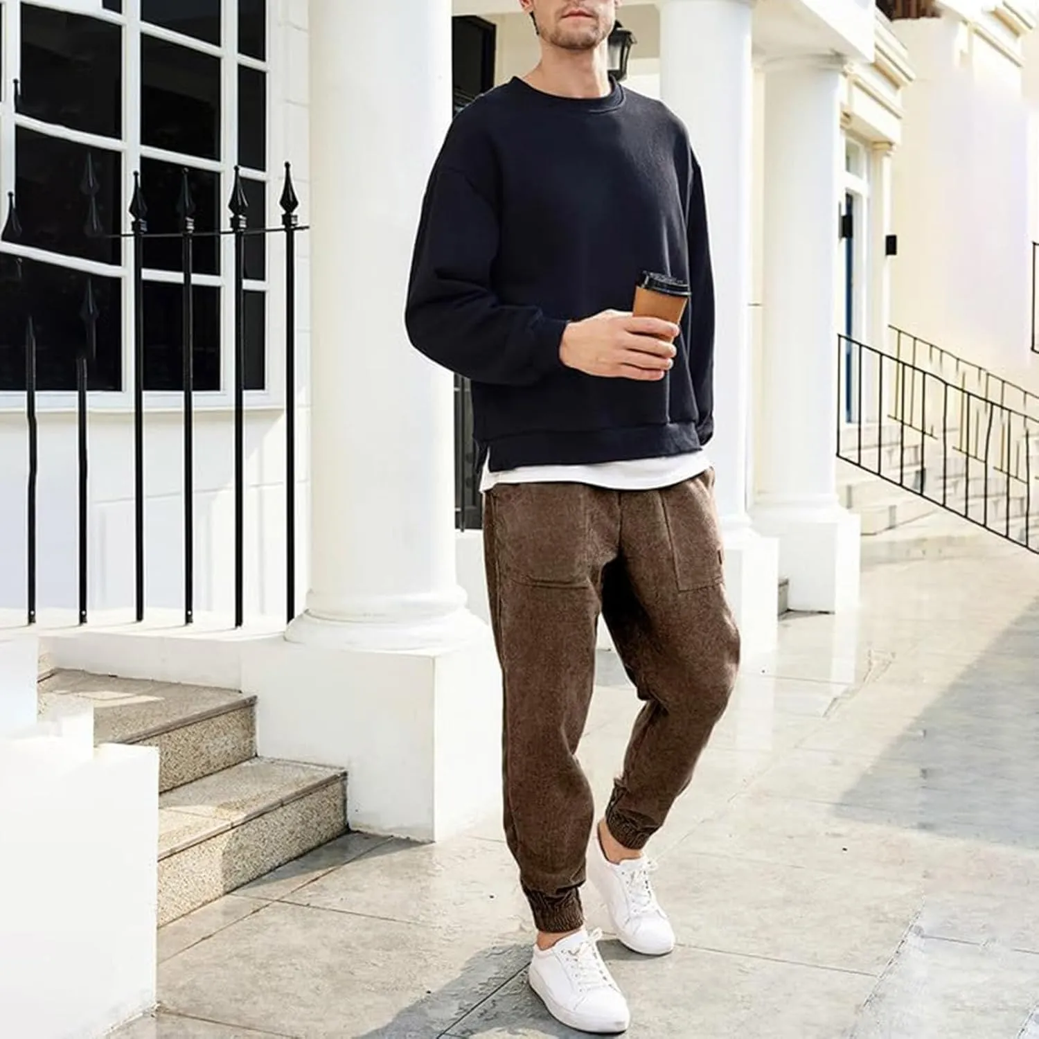 Men's Casual Corduroy Sweatpants Loose Fit Drawstring Elastic Waist Jogger Pants Baggy Sport Cargo Pants with Pockets