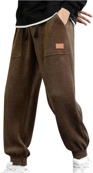 Men's Casual Corduroy Sweatpants Loose Fit Drawstring Elastic Waist Jogger Pants Baggy Sport Cargo Pants with Pockets