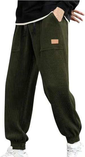 Men's Casual Corduroy Sweatpants Loose Fit Drawstring Elastic Waist Jogger Pants Baggy Sport Cargo Pants with Pockets