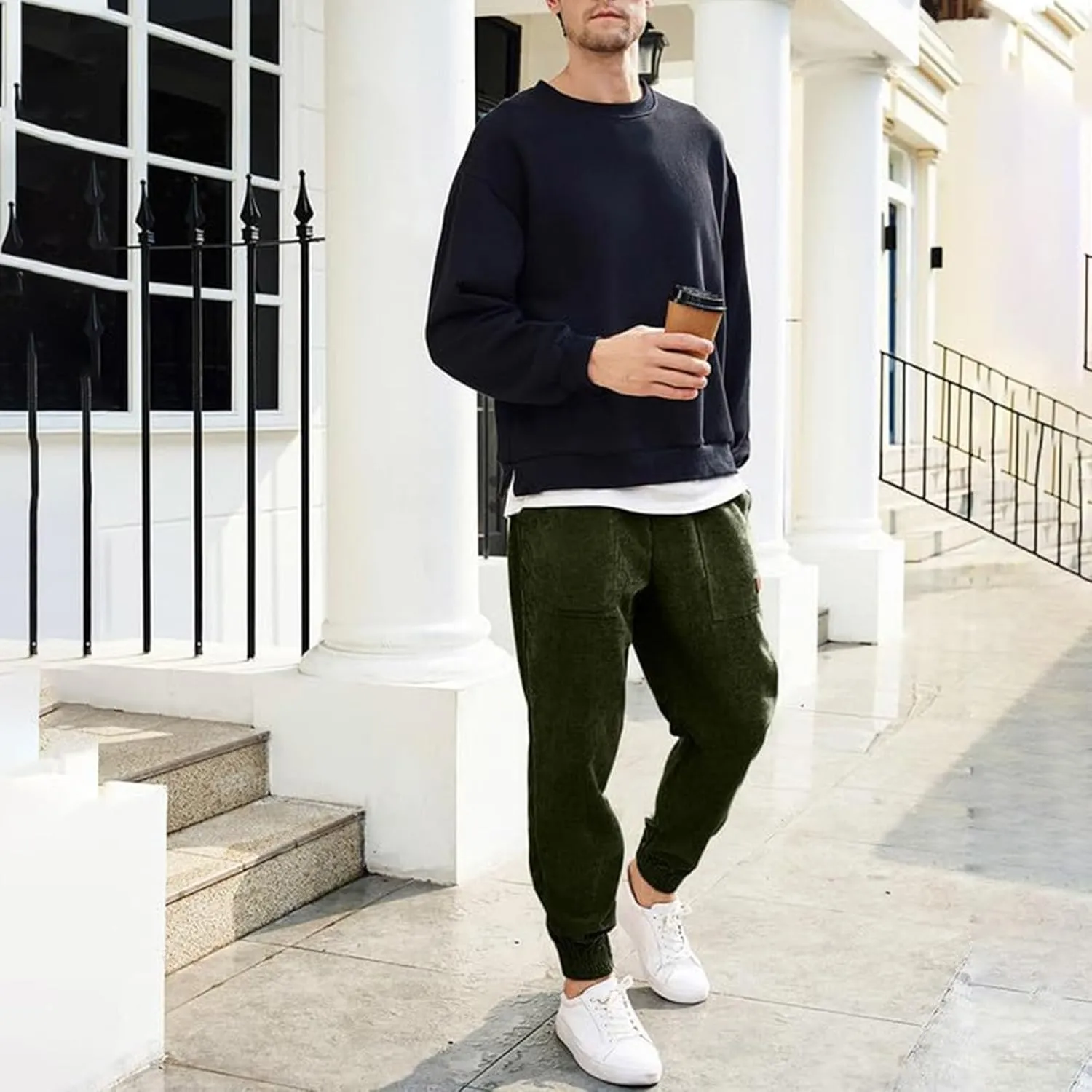 Men's Casual Corduroy Sweatpants Loose Fit Drawstring Elastic Waist Jogger Pants Baggy Sport Cargo Pants with Pockets