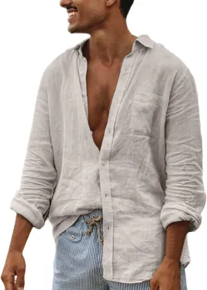 Men's Cotton Linen Shirts Long Sleeve Casual Button Down Lapel Collar Shirt Summer Beach Wedding Vacation Tops