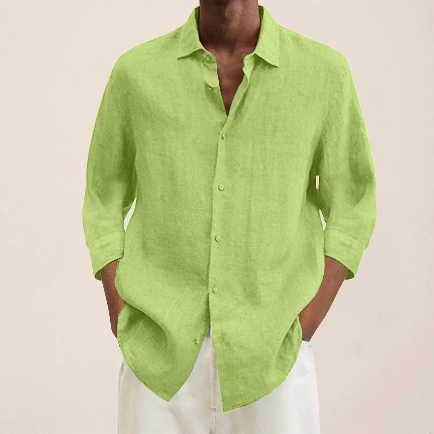 Men's Cotton Linen Shirts Plus Size Loose Button Down Long Sleeve Beach Wedding Shirt Casual Summer Solid Tropical Top