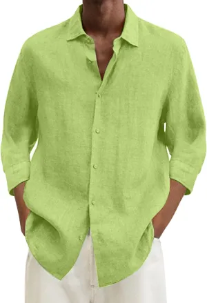 Men's Cotton Linen Shirts Plus Size Loose Button Down Long Sleeve Beach Wedding Shirt Casual Summer Solid Tropical Top
