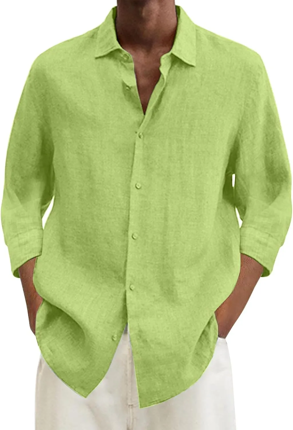 Men's Cotton Linen Shirts Plus Size Loose Button Down Long Sleeve Beach Wedding Shirt Casual Summer Solid Tropical Top