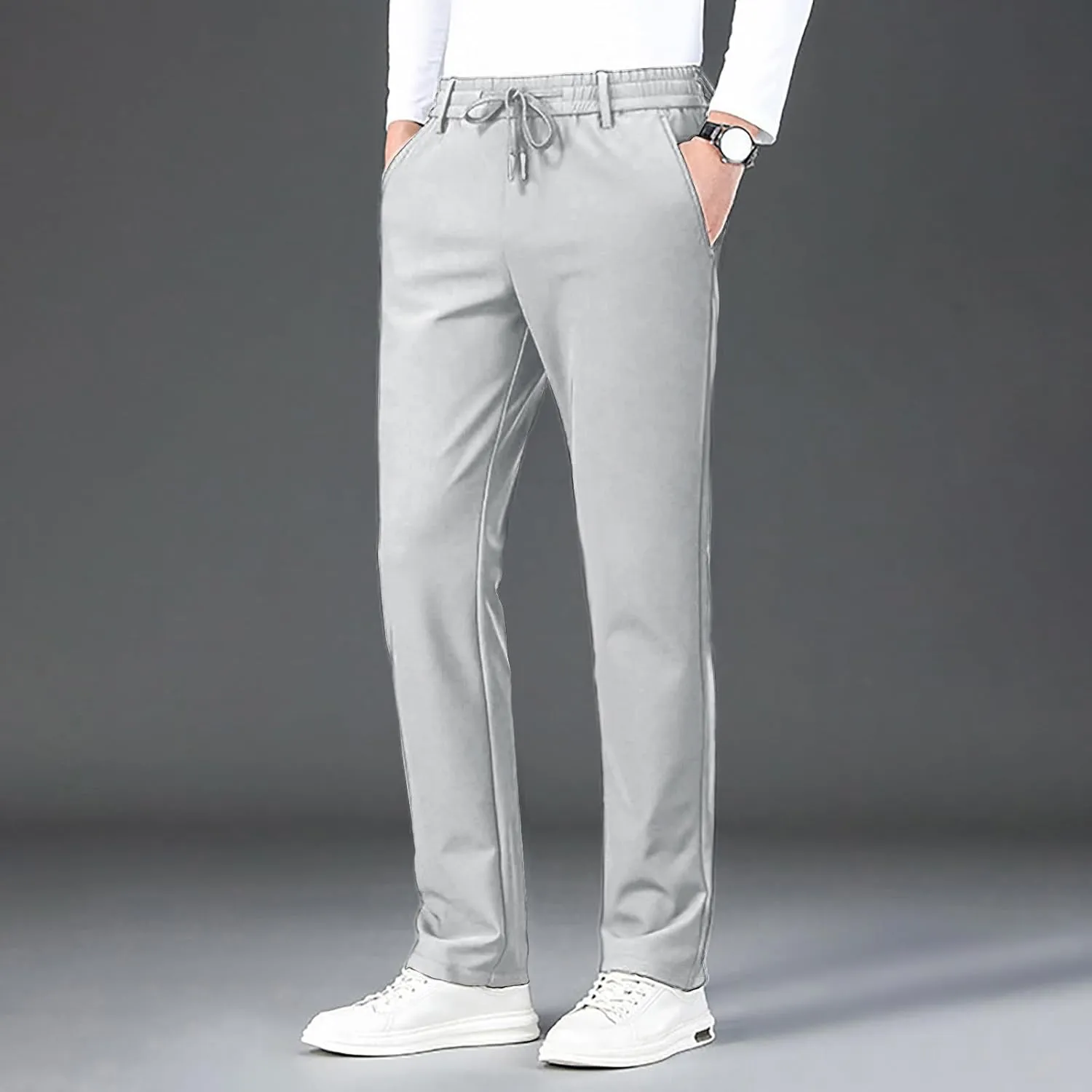 Men's Cozy Relaxed Fit Sweatpant Baggy Stylish Drawstring Elastic Waist Chino Pant Hiking Work Straight Fit Trousers
