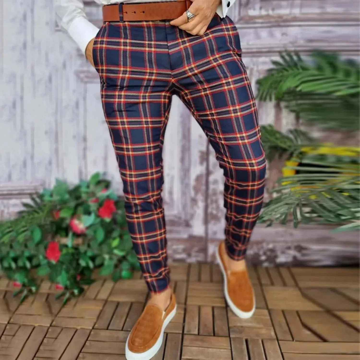 Mens Dress Pants, Mens Plaid Stretch Dress Pants Slim Fit Skinny Chino Pants Tapered Business Casual Pencil Pants