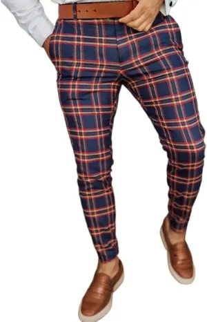 Mens Dress Pants, Mens Plaid Stretch Dress Pants Slim Fit Skinny Chino Pants Tapered Business Casual Pencil Pants