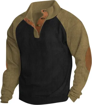 Mens Fall Sweatshirt Stand Collar Fashion Pullover Vintage Long Sleeve Casual Button Corduroy Sweaters