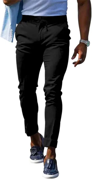 Mens Fashion Stretch Dress Pants Slim Fit Skinny Flat-Front Chino Pants Big and Tall Business Skinny Golf Trousers
